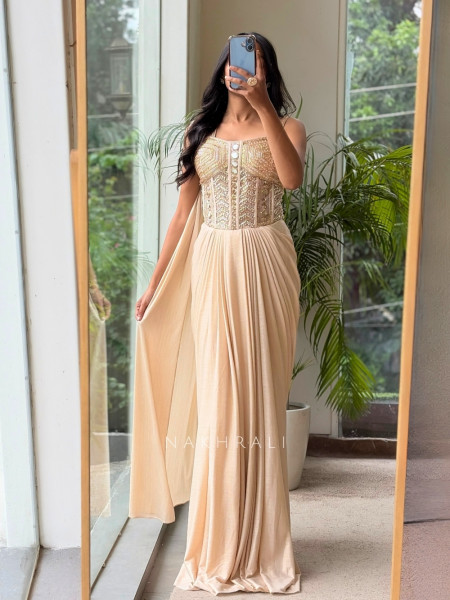 Sohvi Beige Drape Gown with Bead, Sequin, Cut Dana and Mirror Work