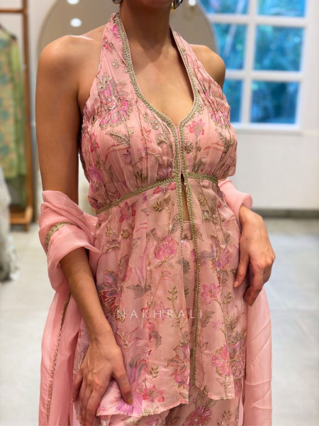 Mira Pink Gharara Suit Set with Floral Zari Work