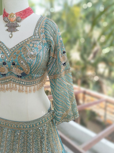Vastra Firozi Net Lehenga with Cut Dana Sequin Bead Work