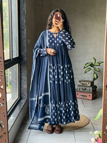 Mihira Blue Cotton Anarkali Suit Set with Printed Dupatta