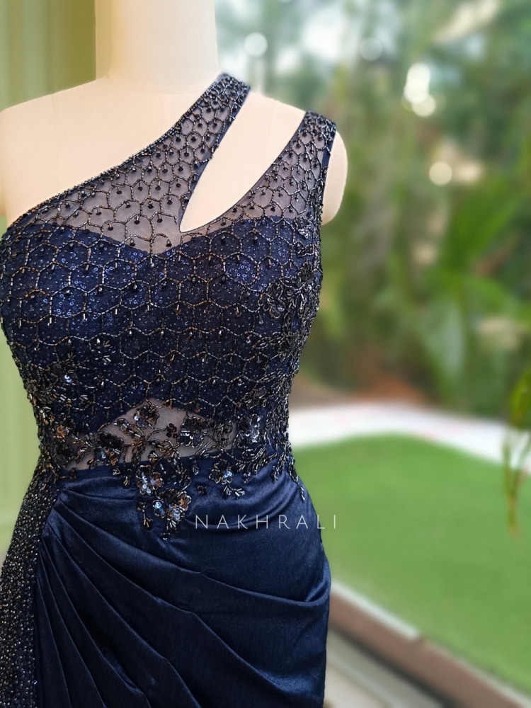 Image of Stellar Navy Blue Cutdana One-Shoulder Ensemble Gown