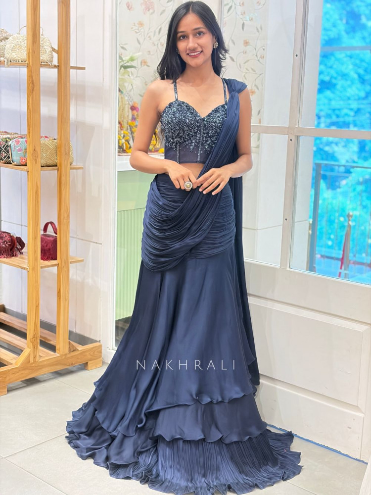 Image of Sapphire Blue Indowestern Lehenga with Cut Dana &amp; Sequin Work