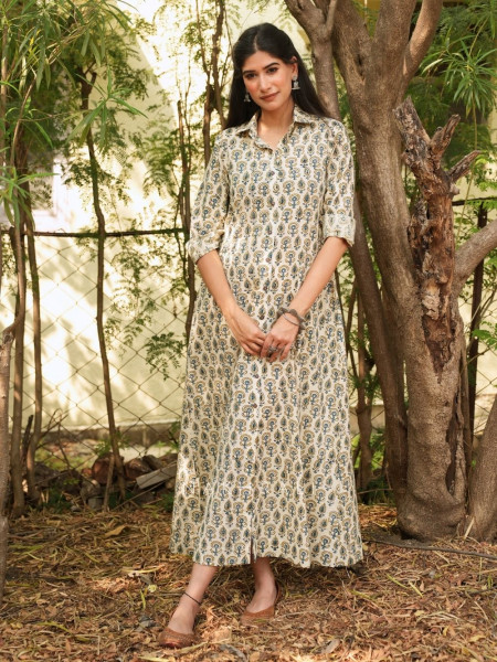 Rihana Cream Cotton Block Printed Button-Down Dress