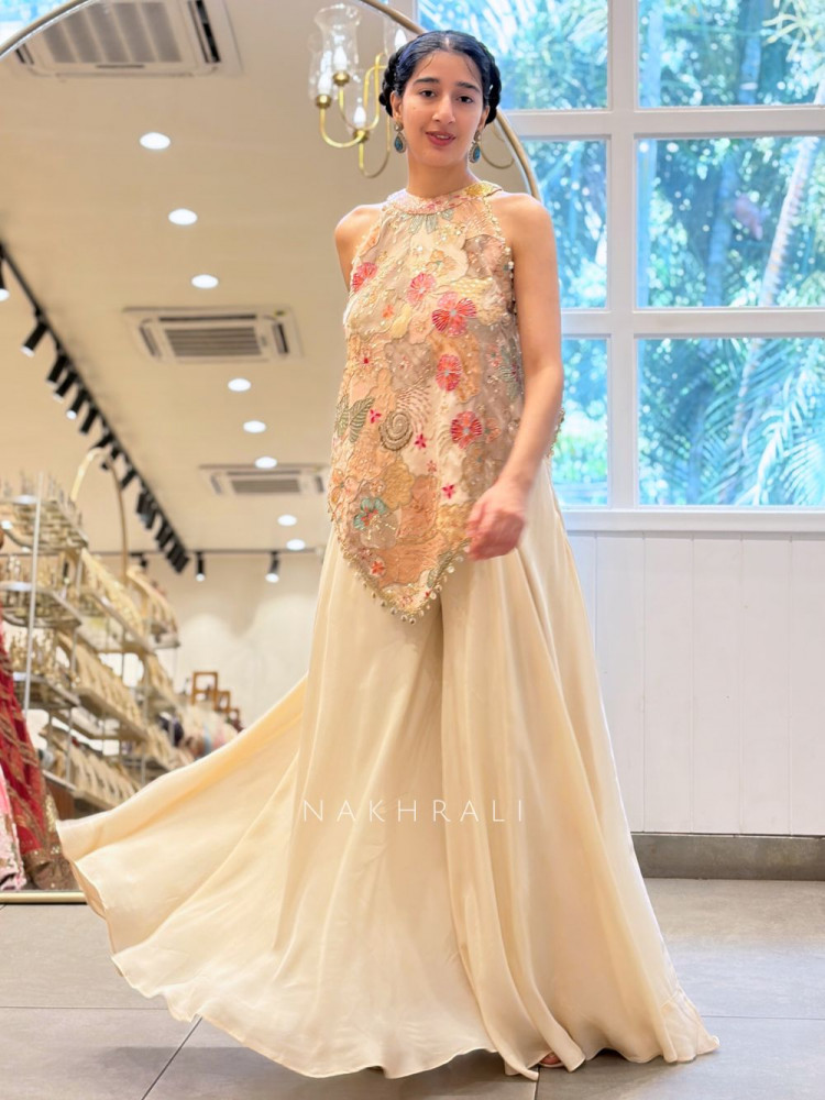 Image of Floral Cream Indo-Western Palazzo Set with Sequin Work