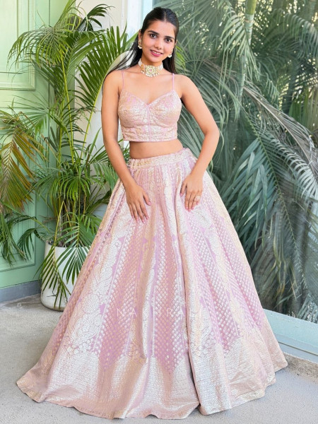 Eloria Pink Banarasi Indo-Western Lehenga Set with Stone Work