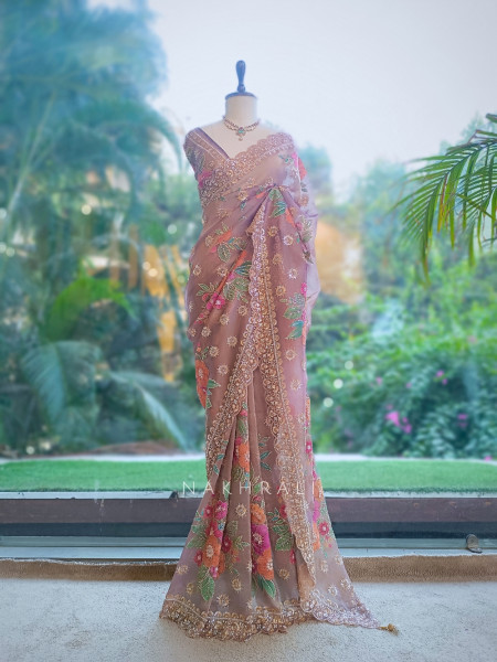 Noor-e-Bahar Wine Silk Organza Saree with Multicolor Floral Resham Embroidery
