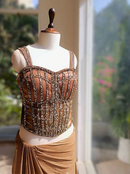 Henley Brown Shimmer Corset Skirt Set with Sequin Grid Work