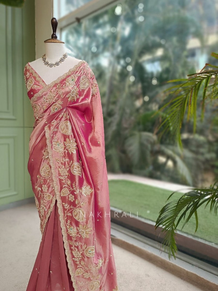 Nishaara Onion Pink Metallic Silk Tissue Saree with Zardozi & Paisley Embroidery