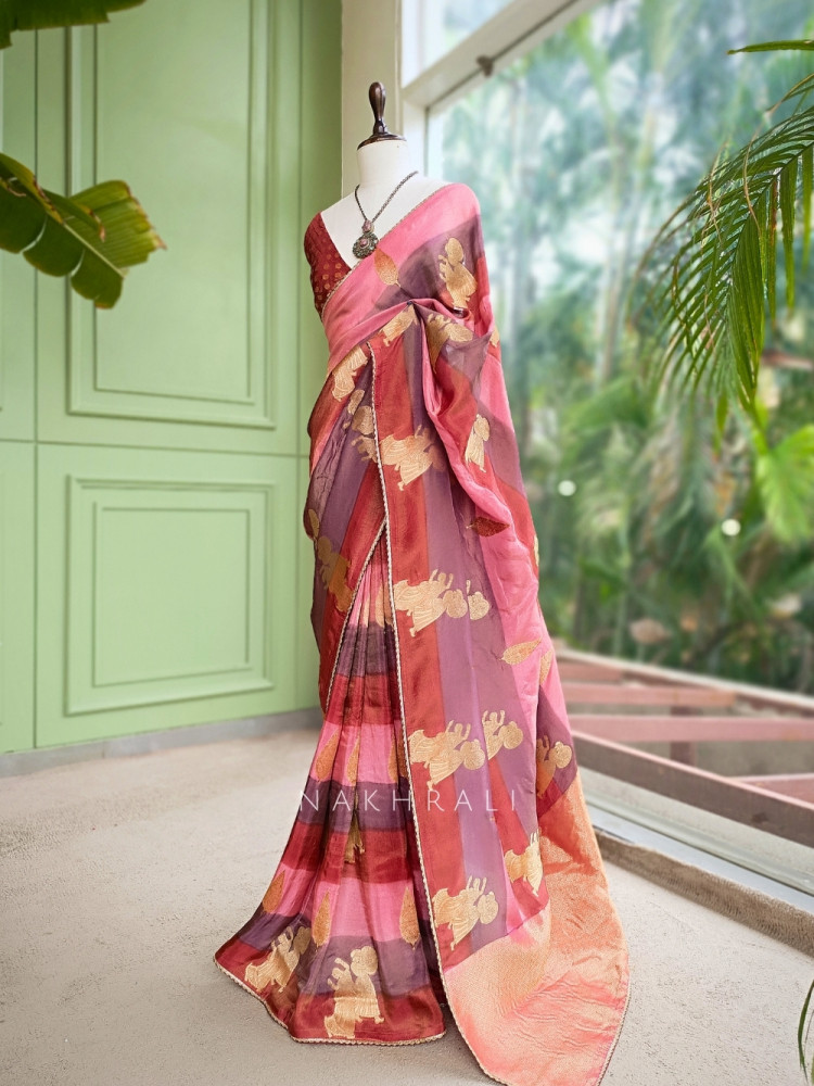 Image of Rangrekha Pink Saree With Striped Woven Figurative Motifs