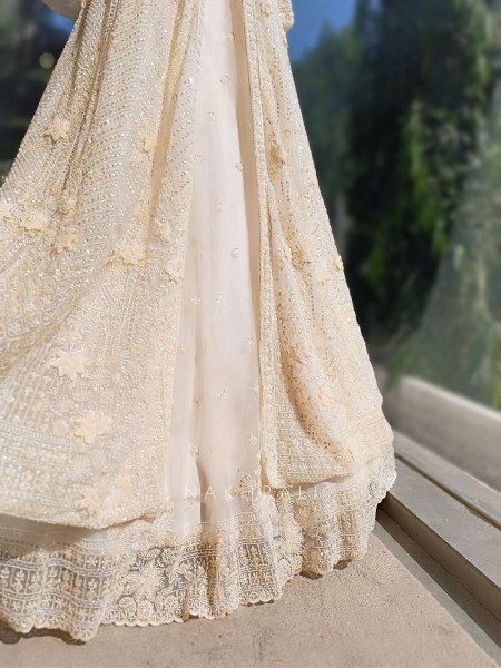 Elvya Cream Embroidered Achkan Lehenga Set