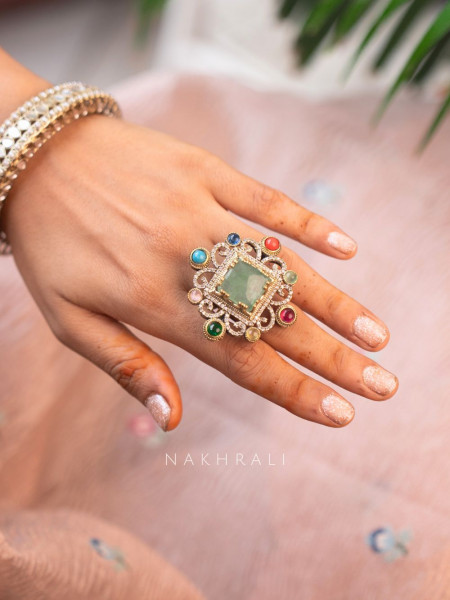 Regalia Green Kundan Ring with Multi-Colored Stones