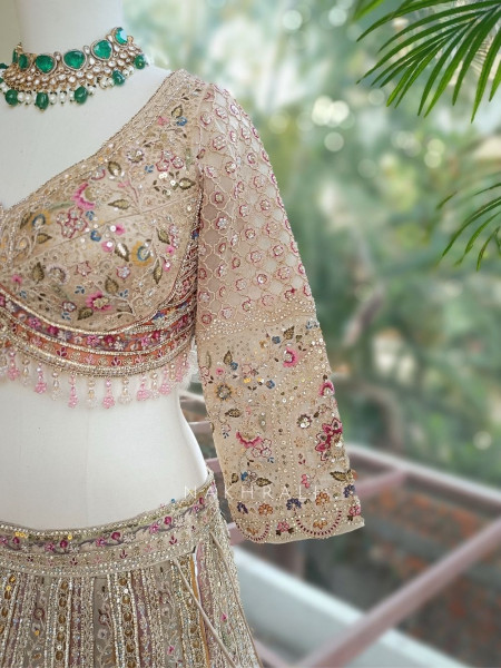 Shararat Beige Net Lehenga Set with Sequin Embroidery