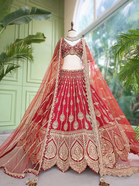 Shahi Dori Maroon aw Silk & Sheer Net Bridal Lehenga