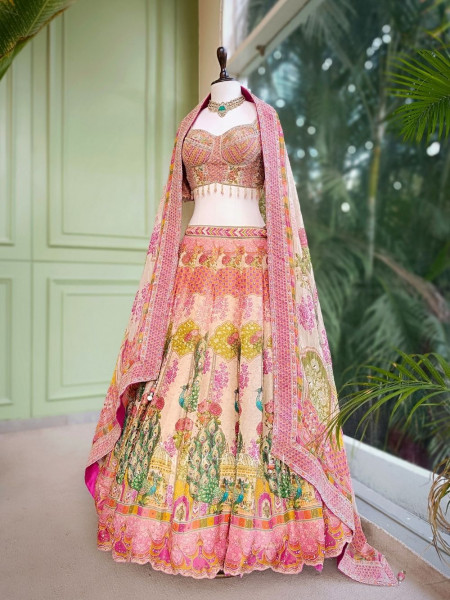 Sanika Beige Silk Printed Lehenga with Mirror Work