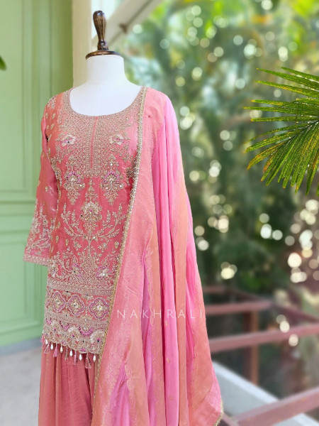 Nirshya Pink Silk Kurta Palazzo Set with Zari Embroidery