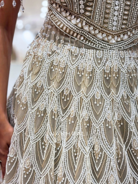 Moss-Gilded Grey Tulle & Satin Gown