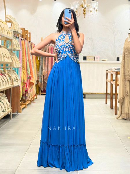 Gulnaz Blue Pleated Halter Gown