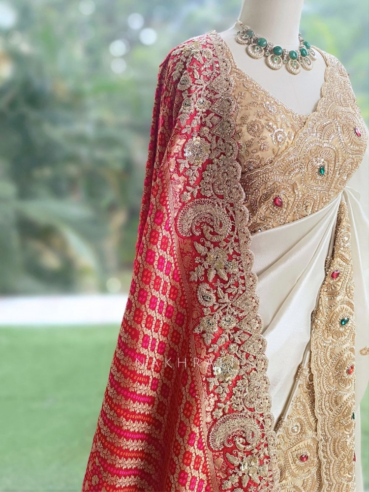 Image of Celestial White Satin Silk Saree With Red Embroidered Dupatta