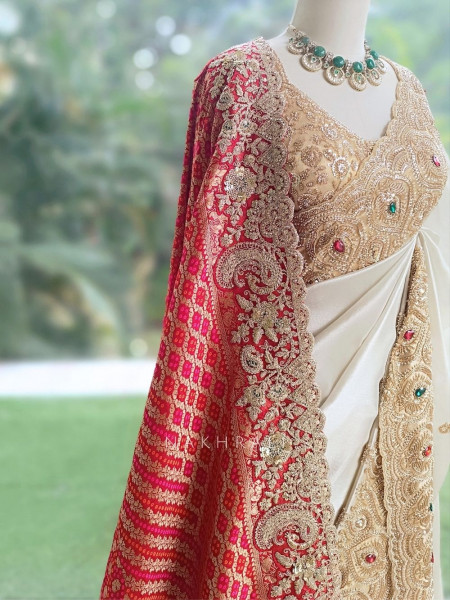 Celestial White Satin Silk Saree With Red Embroidered Dupatta