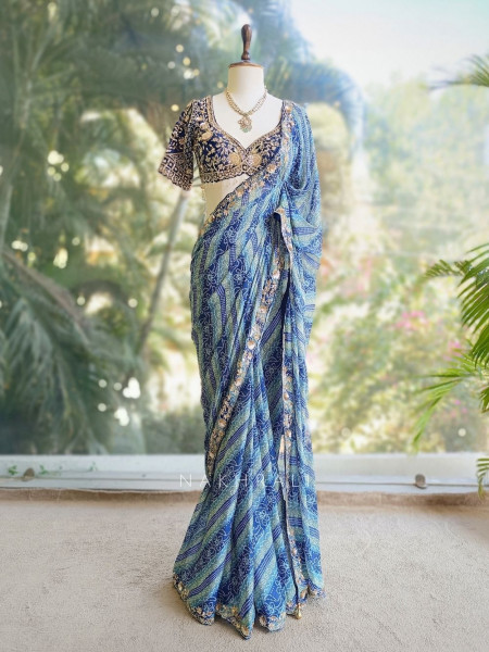Riva Blue Printed Saree with Embroidered Readymade Blouse
