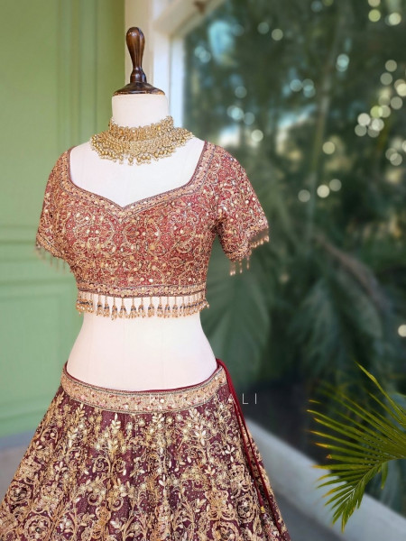 Evara Wine Bridal Lehenga with Gota Patti and Bead Work
