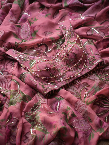 Manoram Pink Floral Printed Saree with Beaded Readymade Blouse