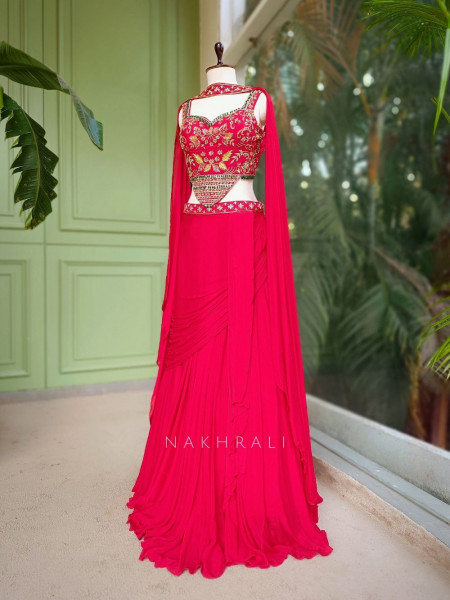 Navira Red Indo Western Draped Dress with Zari Cut Dana and Sequin Work