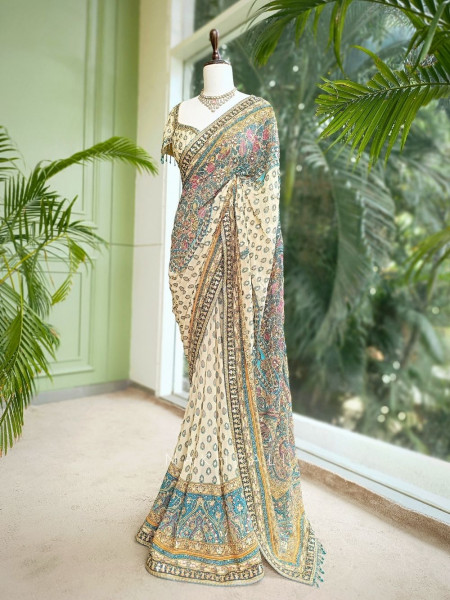 Callista Beige Printed Saree with Zari Sequin Embellishment