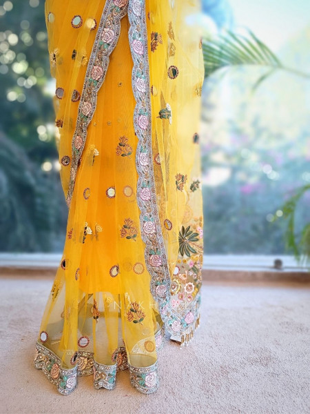 Amber Shine Yellow Net Saree with Zari, Sequins and Thread Embroidery