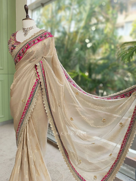 Merona Magenta Saree with Zari Sequin Beads and Cut Dana Work