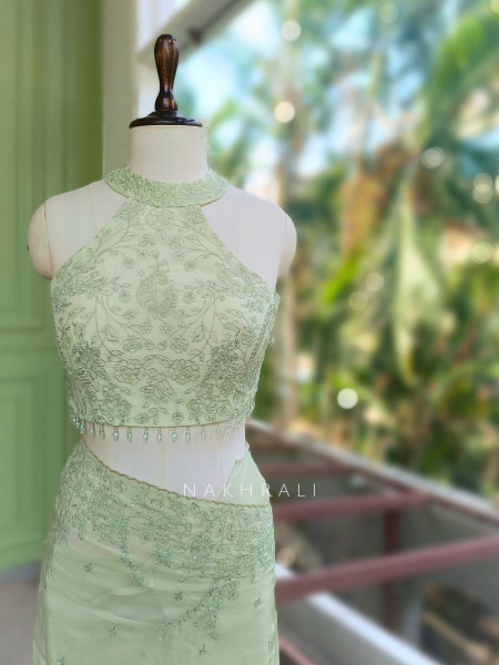 Oshni Light Green Saree with Readymade Halter Blouse