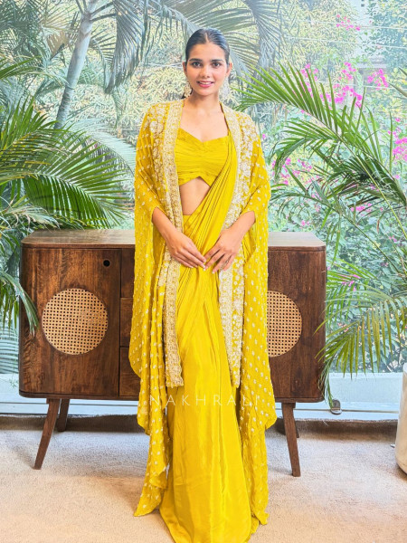 Serenara Yellow Drape Saree with Embellished Cape