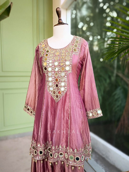 Ruhani Purple Tissue Suit Set with Mirror and Gota Work