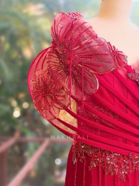 Sylrix Red Statement Gown with 3D Floral Sequin Embroidery