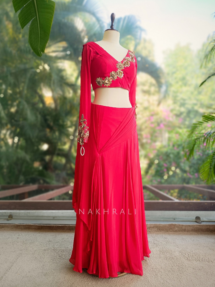 Image of Carmine Red Indo Western Drape Skirt Set with Zari and Sequin Embellishment