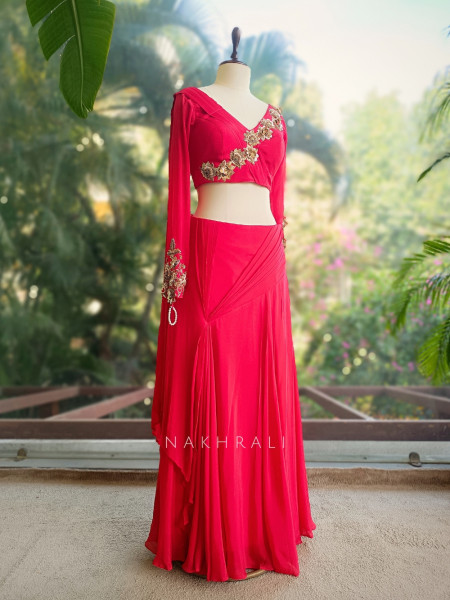 Carmine Red Indo Western Drape Skirt Set with Zari and Sequin Embellishment