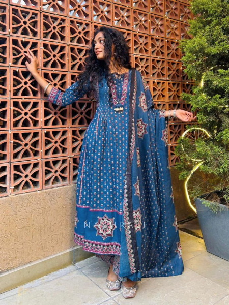 Amla Blue Anarkali Dress with Traditional Print