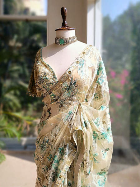 Lily Meadow Cream  Saree with Sequin Floral Work