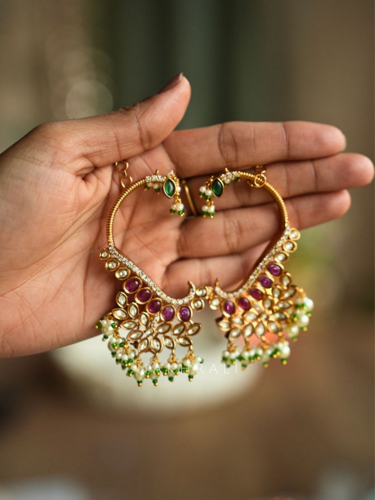Image of Arnika Magenta Floral Kundan Hoop Earrings