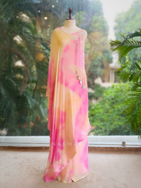 Rosé Glow Pink Indo Western Palazzo Cape Set with Mirror & Cut Dana Work