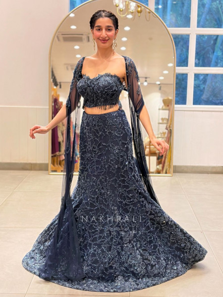 Dangling Bugl Blue Net Indo-Western Cape Lehenga