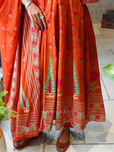 Nirvaya Orange Anarkali Suit Set with Printed Dupatta