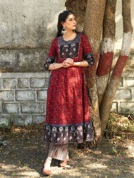 Noori Red Cotton Flared Kurta