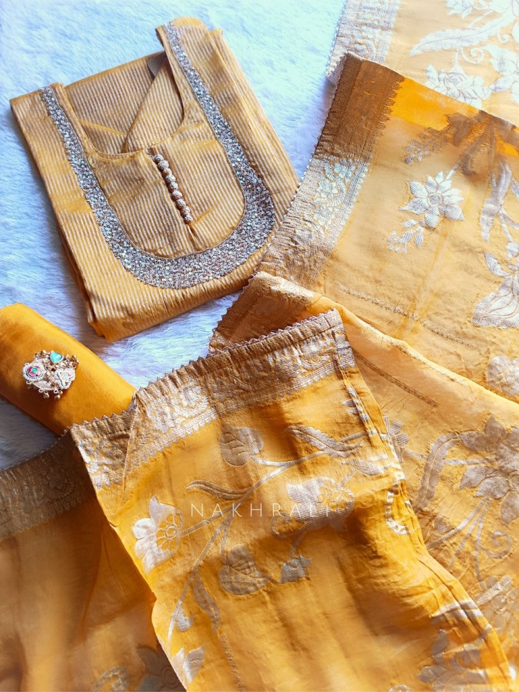 Image of Noorline Glow Yellow Semi-stitched Dress Material with Sequin and Cut Dana Work