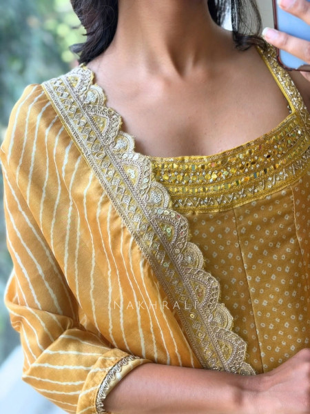 Utsavi Yellow Anarkali Suit Set With Bandhani, Gota Patti & Scalloped Zari Work