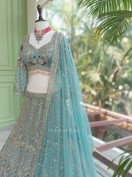 Vastra Firozi Net Lehenga with Cut Dana Sequin Bead Work
