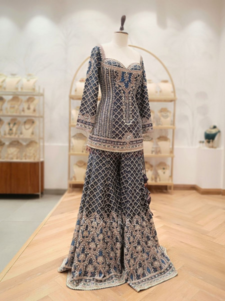 Kiyana Grey Tissue Kurta Palazzo Set with Banarasi Dupatta