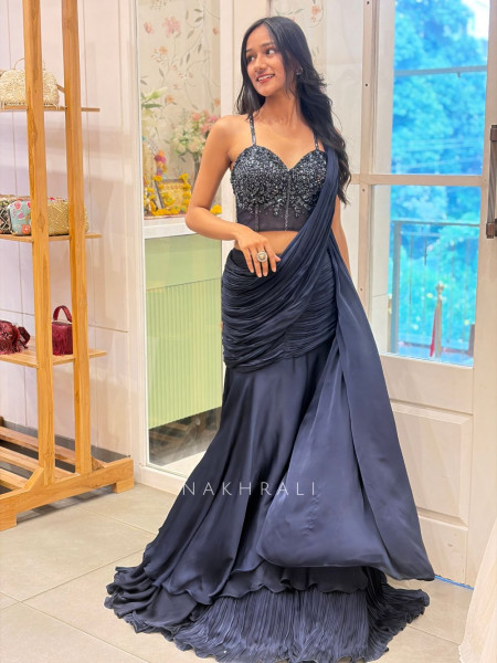 Sapphire Blue Indowestern Lehenga with Cut Dana & Sequin Work