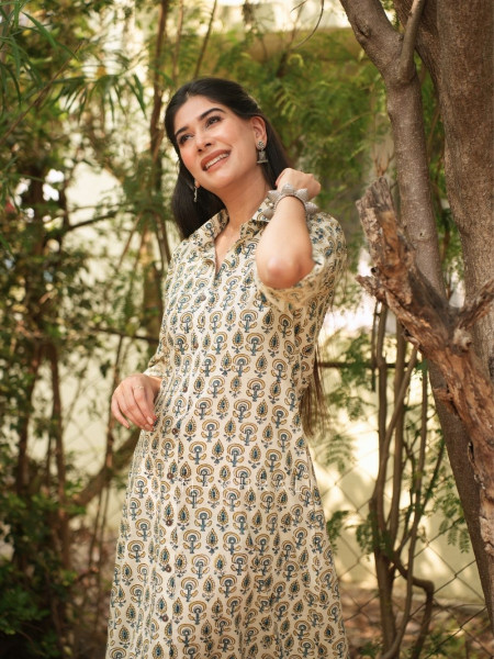 Rihana Cream Cotton Block Printed Button-Down Dress