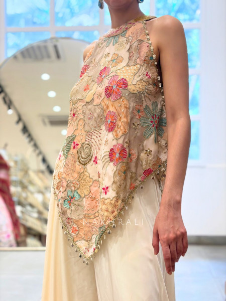 Floral Cream Indo-Western Palazzo Set with Sequin Work